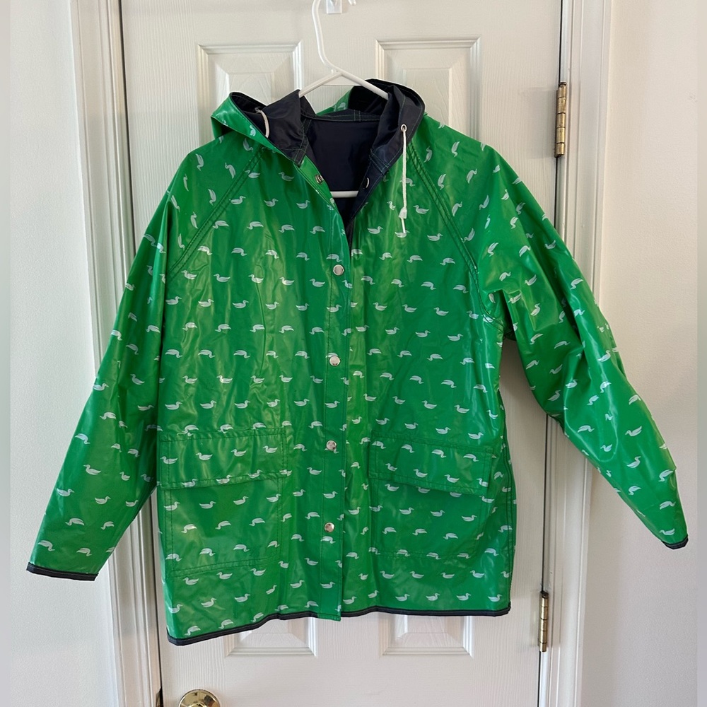 Vintage 90s Reversible Duck Print Rain Jacket Green Navy Hooded Raincoat L